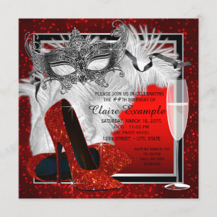 Invitation Anniversaire de la femme en masquerade rouge et no