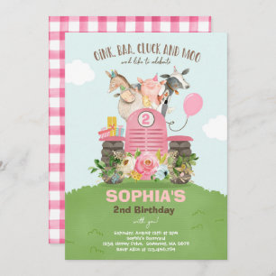 Invitation Anniversaire de la ferme Pink Old MacDonald Barnya