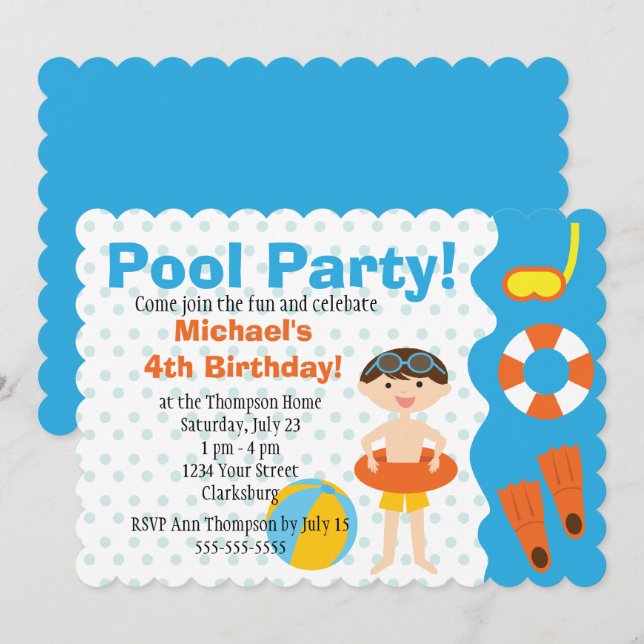 Invitation Anniversaire de la fête de la piscine de garçons p (Devant / Derrière)