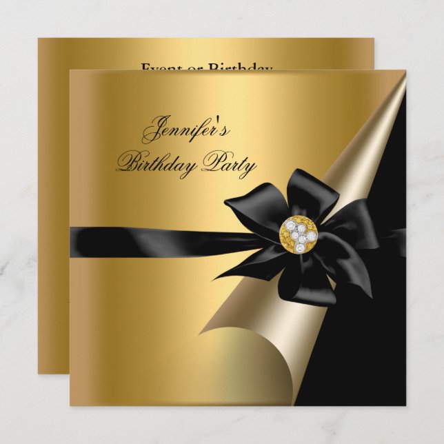 Invitation Anniversaire de la fête Gold Black Bow Diamond Ima (Devant / Derrière)