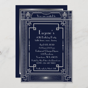 Invitation Anniversaire de la fête, style Gatsby argenté, mar