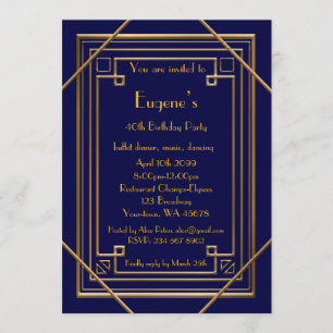 Invitation Anniversaire de la fête, style Gatsby d'or, marine