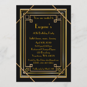 Invitation Anniversaire de la fête, style Gatsby doré, noir
