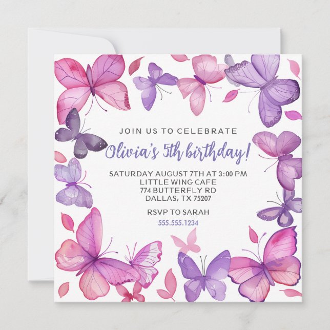 Invitation Anniversaire de la fille aux papillons violet et r (Devant)