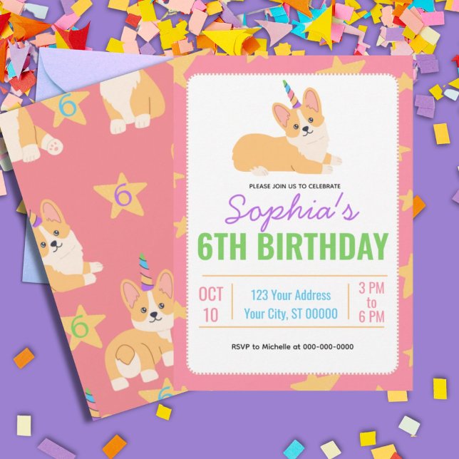Invitation Anniversaire de la fille de la licorne, Corgi Part (Créateur téléchargé)