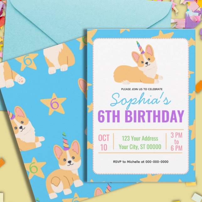 Invitation Anniversaire de la fille de la licorne, Corgi Part (Créateur téléchargé)