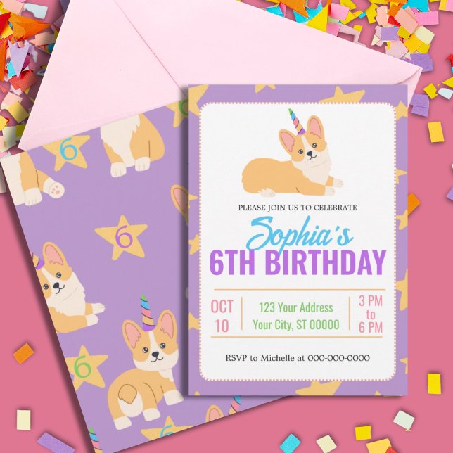 Invitation Anniversaire de la fille de la licorne, Corgi Part (Créateur téléchargé)