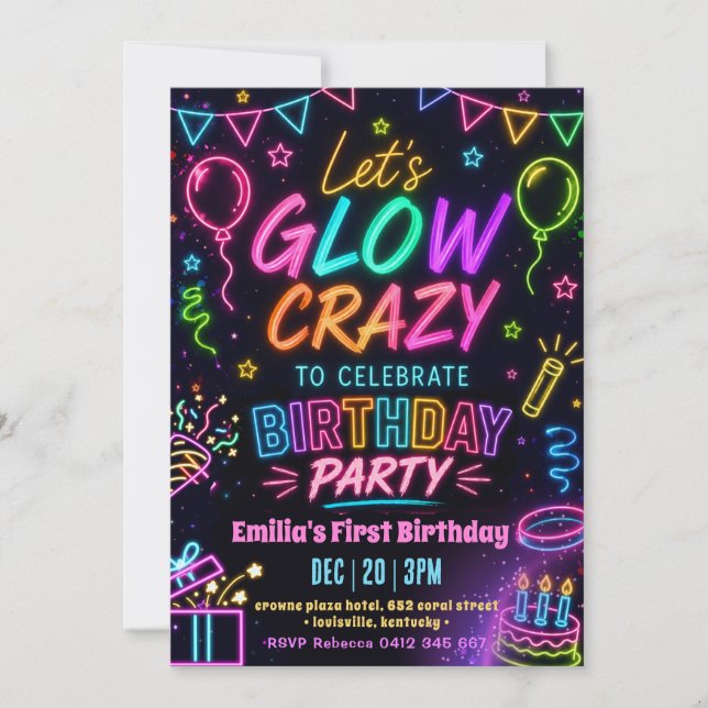 Invitation Anniversaire de la fille folle de Glow (Devant)