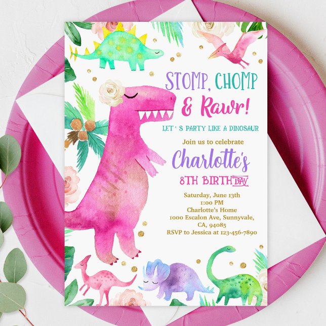 Invitation Anniversaire de la fille Hot Pink Dinos (Créateur téléchargé)