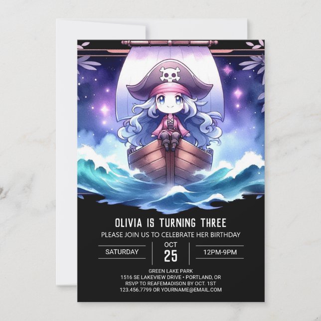 Invitation Anniversaire de la fille pirate de l'océan numériq (Devant)