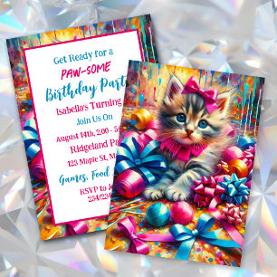 Invitation Anniversaire de la fille rose et bleu Kitten