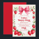 Invitation Anniversaire de la fraise rose Bow Berry Premier a<br><div class="desc">Fraise rose 1er anniversaire Berry Première invitation</div>