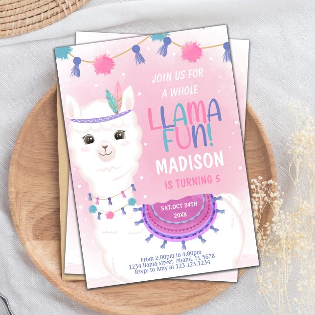 Invitation Anniversaire de la lama rose et violet modifiable (Pink Purple Llama Birthday Invitations)