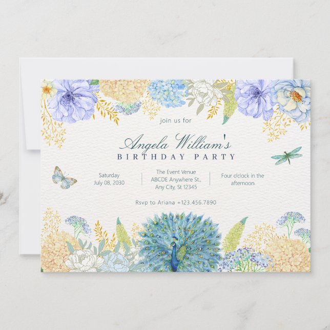 Invitation Anniversaire de la libellule florale d'aquarelle (Devant)