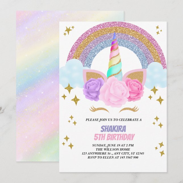 Invitation Anniversaire de la licorne (Devant / Derrière)