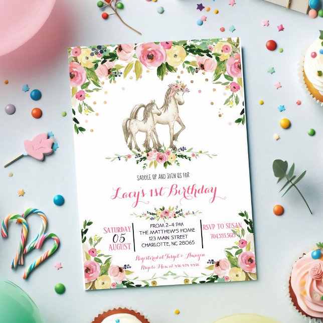 Invitation Anniversaire de la Licorne Aquarelle Rose (Créateur téléchargé)