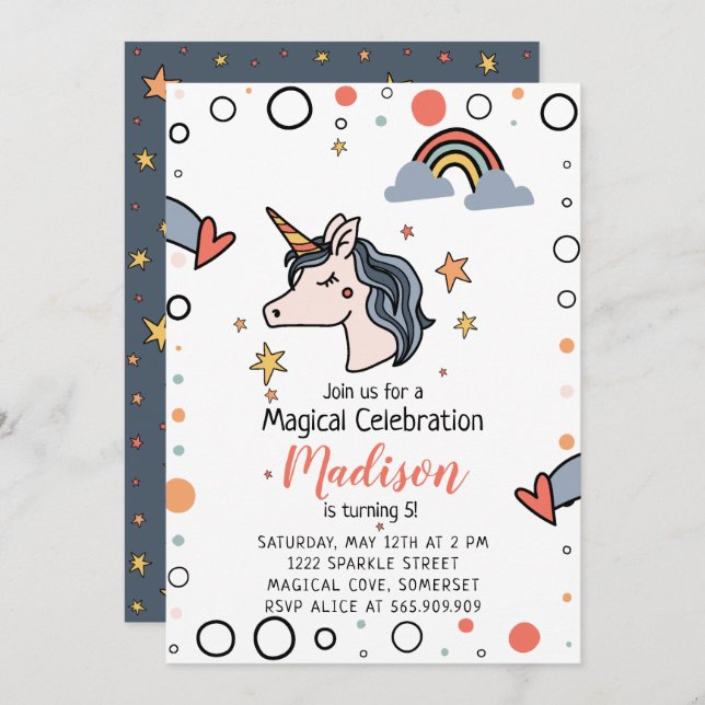 Invitation Anniversaire de la licorne magique (Devant / Derrière)