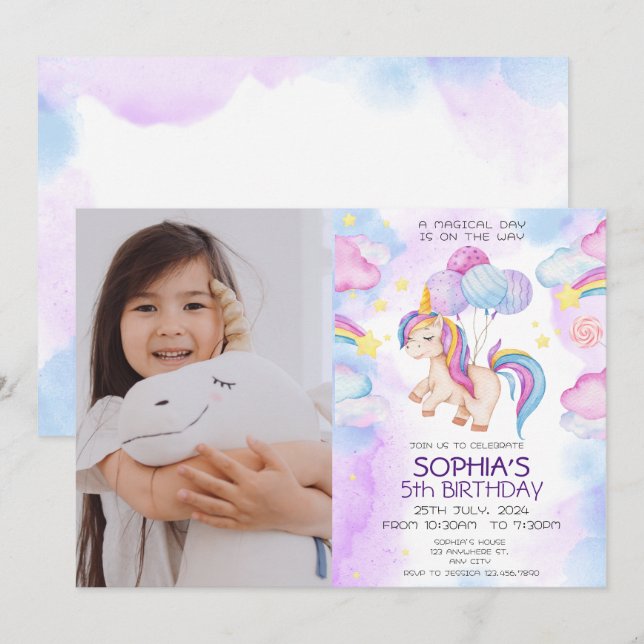 Invitation Anniversaire de la licorne magique Arc  (Devant / Derrière)