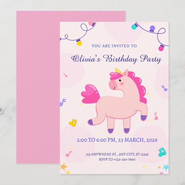 Invitation anniversaire de la licorne rose (Devant / Derrière)