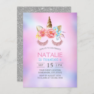 Invitation Anniversaire de la magie Unicorn Dreamy Pink Blue 
