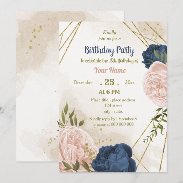 Invitation anniversaire de la marine des fleurs rousses vert  (Devant / Derrière)