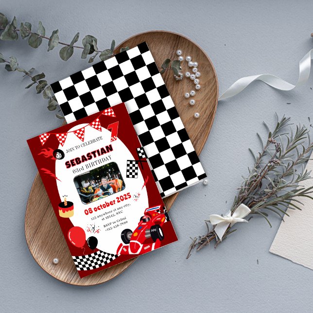 Invitation Anniversaire de la Marine et de la Course noire In (Red & Black Race Birthday Invitation-Custom Photo Invitation)