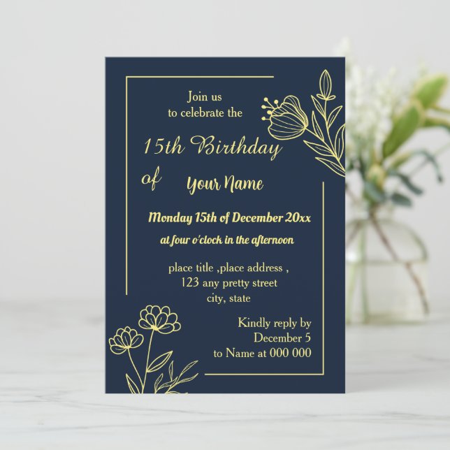 Invitation Anniversaire de la marine florale d'or simple (Debout devant)