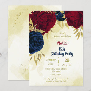 Invitation anniversaire de la marine rouge fleurs or feuille