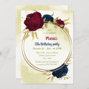 Invitation anniversaire de la marine rouge fleurs or feuille