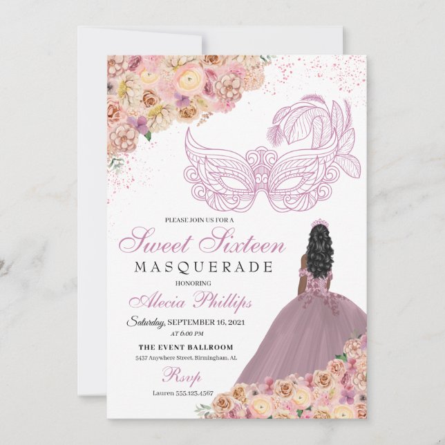 Invitation Anniversaire de la mascarade florale rose pâle (Devant)
