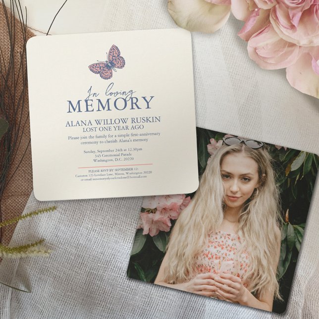 Invitation Anniversaire de la mort corail crème papillon phot (Créateur téléchargé)