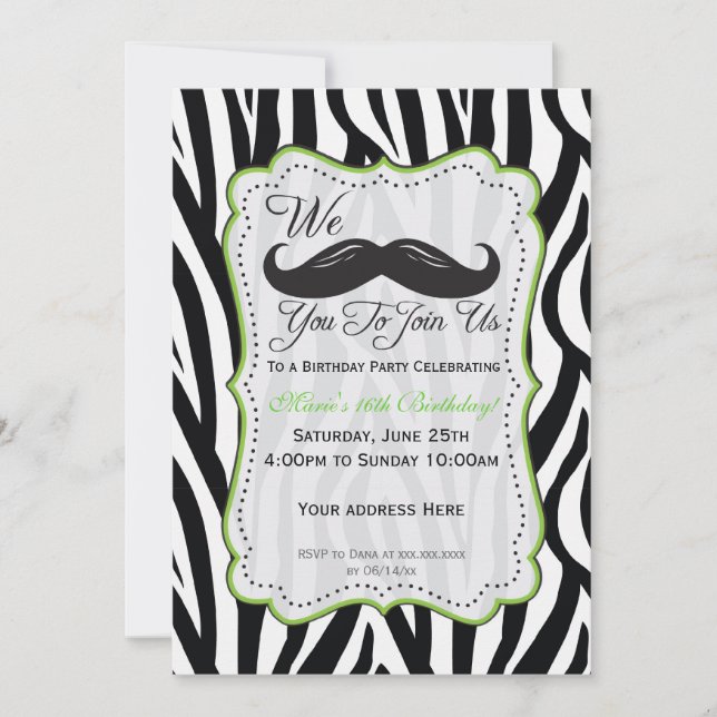 Invitation Anniversaire de la Moustache Zebra - Noir & Lime V (Devant)
