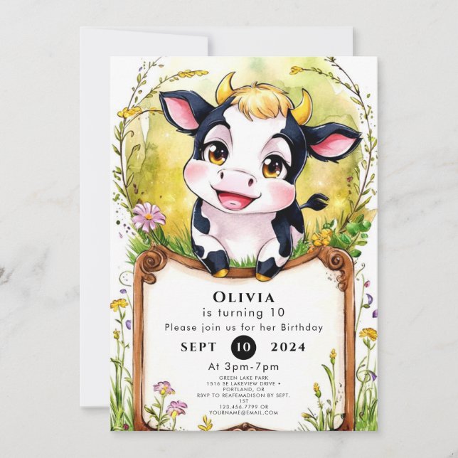 Invitation Anniversaire de la petite vache simple (Devant)