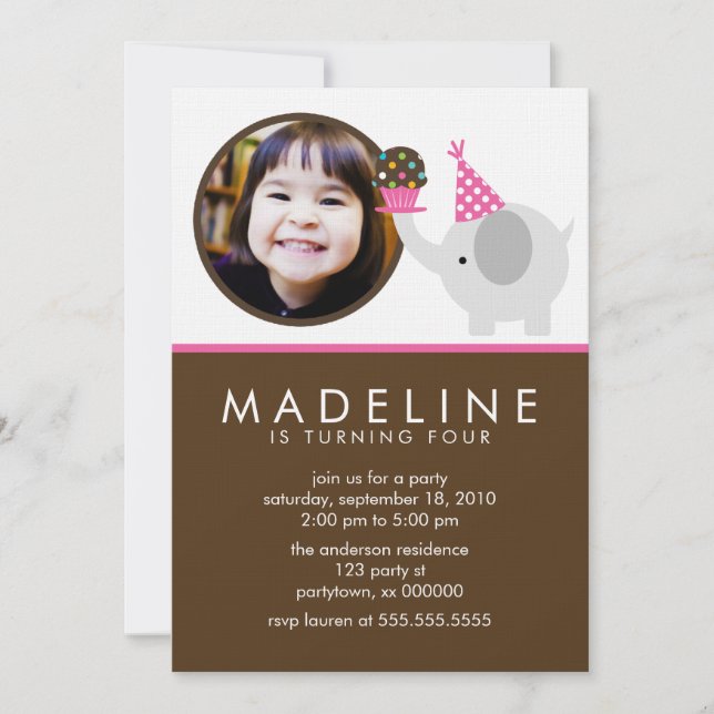 Invitation Anniversaire de la photo d'éléphant rose chaud et  (Devant)