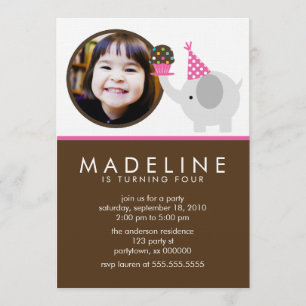 Invitation Anniversaire de la photo d'éléphant rose chaud et