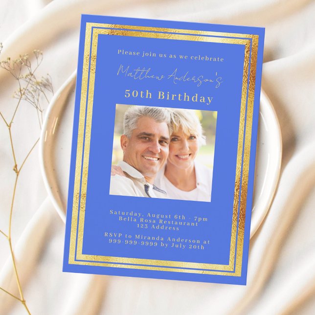 Invitation Anniversaire de la photo en or bleu Royal (Créateur téléchargé)