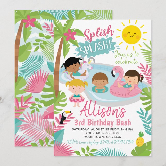 Invitation Anniversaire de la piscine de Luau (Devant / Derrière)