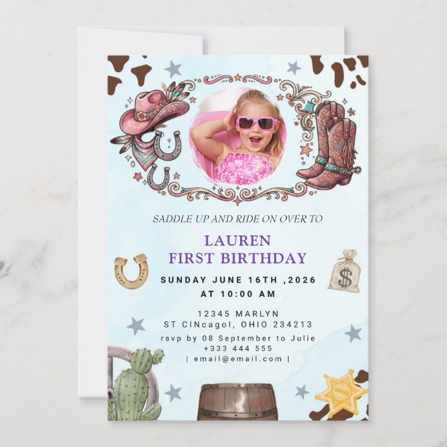 Invitation Anniversaire de la première course de Cowgirl rose (Devant)
