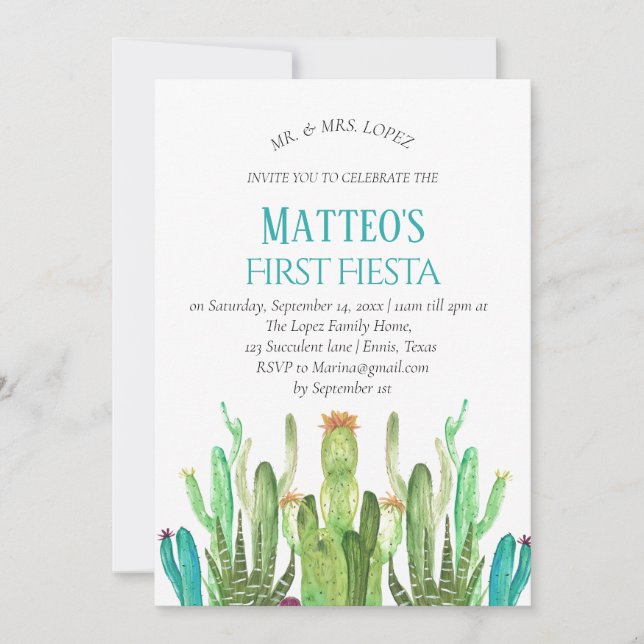Invitation Anniversaire de la première fête du garçon Cactus  (Devant)