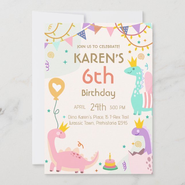 Invitation Anniversaire de la Princesse Dinosaure Fantaisiste (Devant)