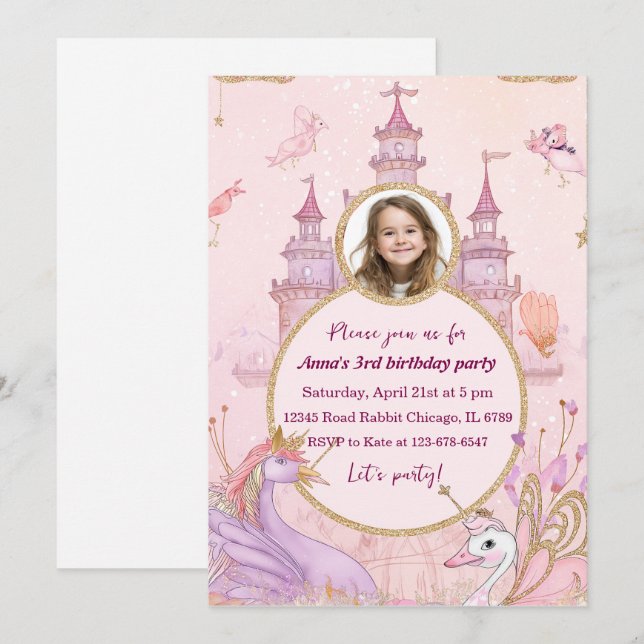 Invitation Anniversaire de la Princesse Fantaisiste Château d (Devant / Derrière)