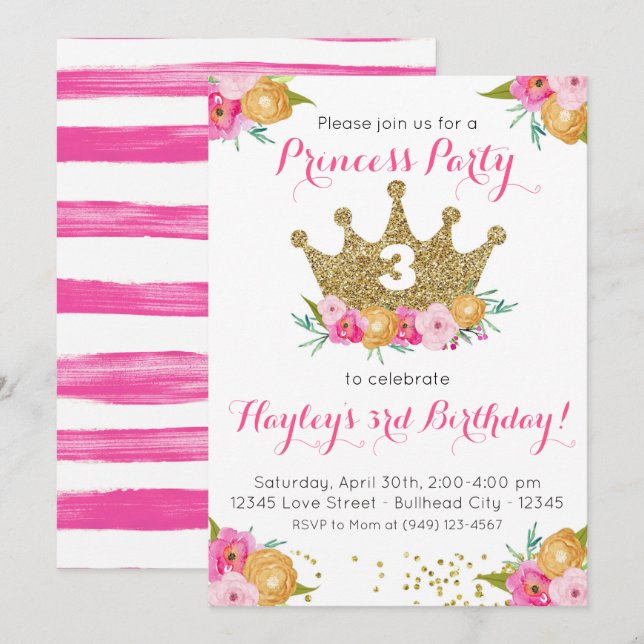 Invitation Anniversaire de la princesse florale rose (Devant / Derrière)