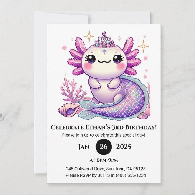 Invitation Anniversaire de la princesse sirène Axolotl (Devant)