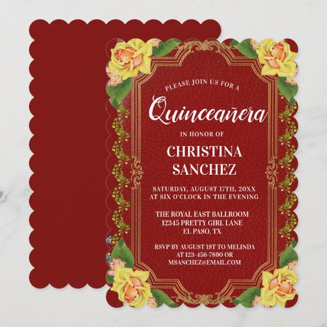 Invitation Anniversaire de la Quinceanera de rose jaune de Bo (Devant / Derrière)