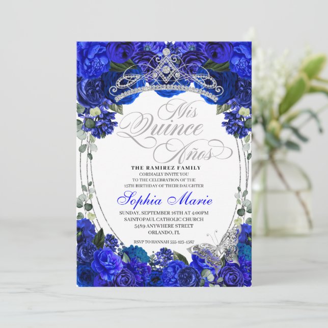 Invitation Anniversaire de la Quinceanera Royal Blue Silver (Debout devant)