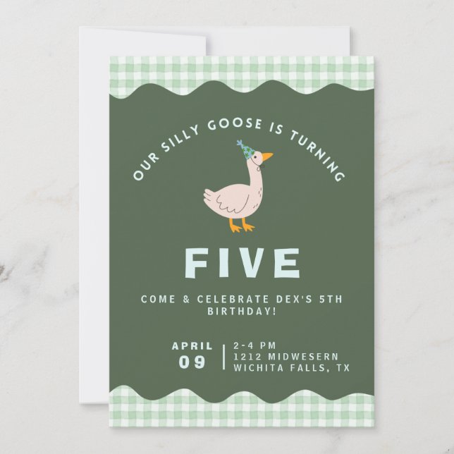 Invitation Anniversaire de la Silly Goose à carreaux verts (Devant)
