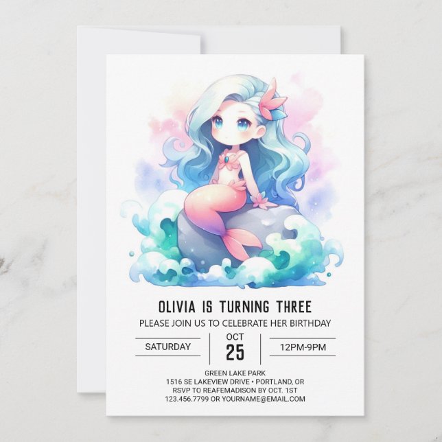 Invitation Anniversaire de la Sirène Adorable Sous la Mer (Devant)