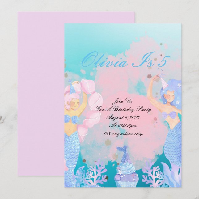 Invitation anniversaire de la sirène de mer (Devant / Derrière)