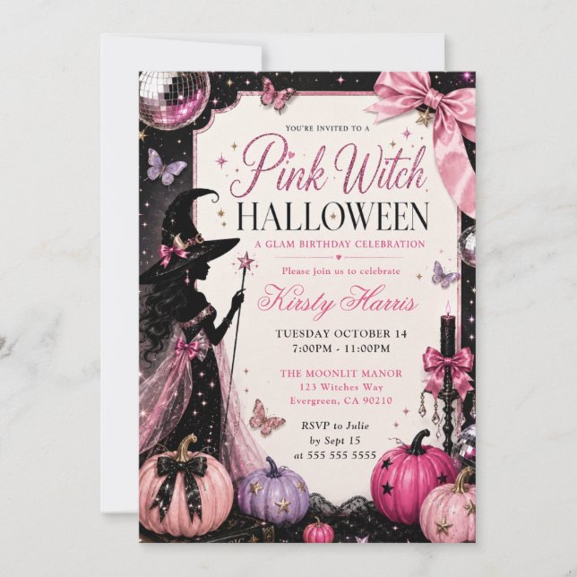 Invitation Anniversaire de la Sorcière Rose Halloween (Devant)