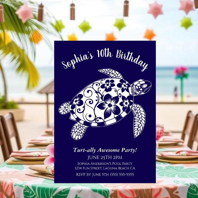 Invitation Anniversaire de la tortue hawaïenne (Birthday Party Invitation, Hawaiian Turtle, Tropical Flowers, Hawaiian Tribal, summer, beach, pool)